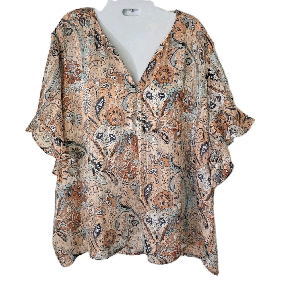 NEW Renuar V-Neck Peach Sparkle Paisley Top W Butterfly Sleeves Orange Sz XXL 2X